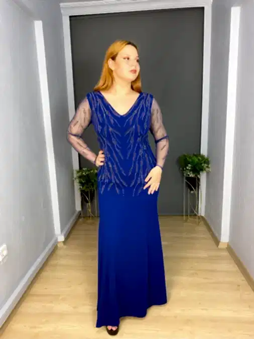 Sax Büyük Beden Uzun Kollu Üst İşli Uzun Abiye