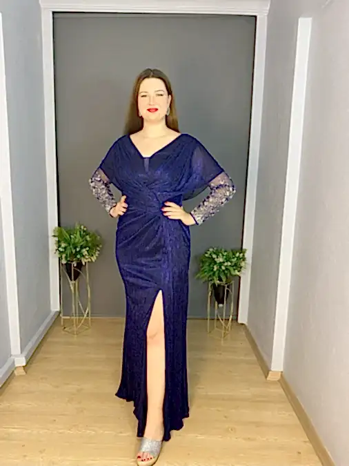 Sax Büyük Beden Yırtmaçlı Kol Transparan Taş İşli Uzun Abiye Elbise