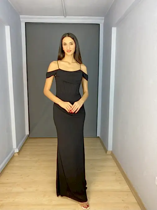 Siyah Madonna Yaka Bel Korsajlı  Balık Abiye Elbise 