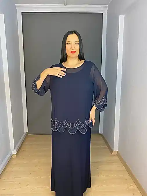 Lacivert Büyük Beden İkili İç Likralı Üst Şifon Uzun Abiye Elbise