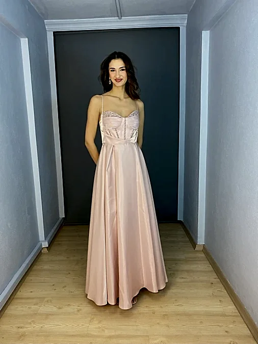 Lacivert İp Askılı Göğüs Kristal Boncuk İşli Organze Saten Uzun Abiye Elbise