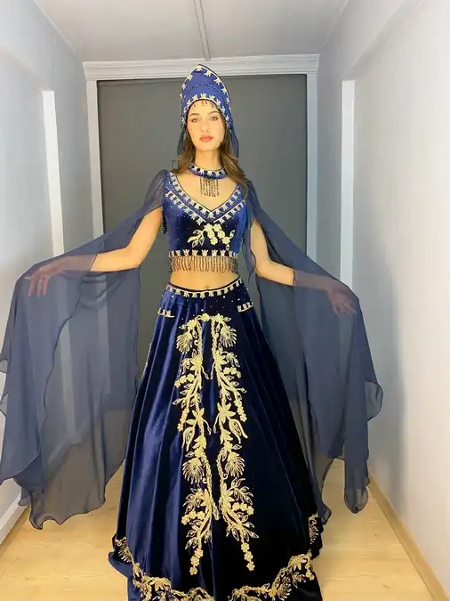 Lacivert Kadife Kol Pelerinli İkili Bindallı Kaftan Kınalık