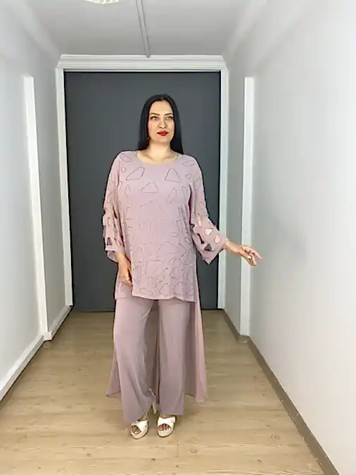 Lila Büyük Beden İç Likralı Üst Şifon Tulum Abiye