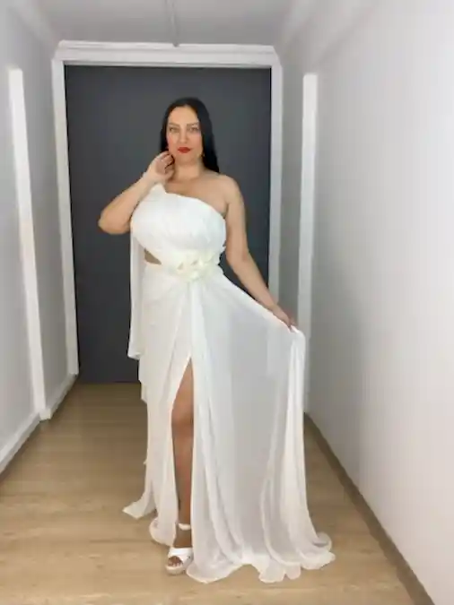 Beyaz Büyük Beden Tek Omuz Çiçekli Uzun Abiye Elbise 