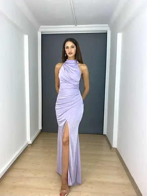 Lila  Stefani Yaka Simli Esnek Kumaş Yırtmaçlı Uzun Abiye Elbise