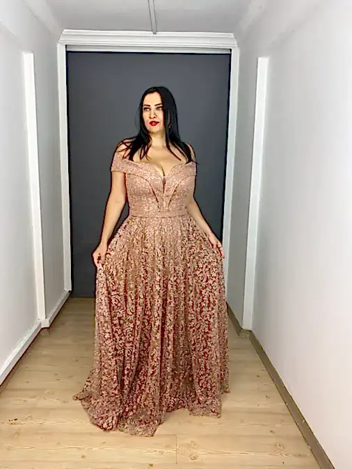 Pudra Büyük Beden Madonna Yaka Simli Kloş Uzun Abiye Elbise 