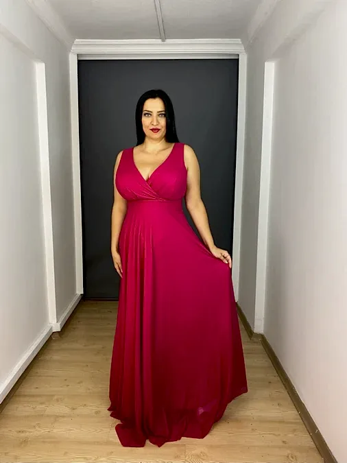 Fuşya Büyük Beden V Yaka Tül Kalın Askılı Uzun Abiye Elbise