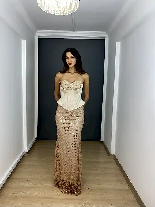 Gold İki Parça Abiye Üst Korsajlı Etek Payet Boncuk Detaylı Uzun Abiye
