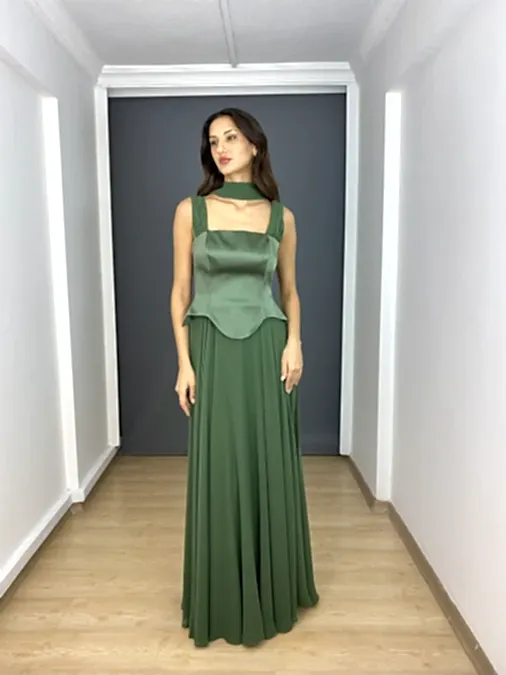 Haki Üst Saten Korsajlı Straplez Asklı Şifon Uzun Abiye Elbise