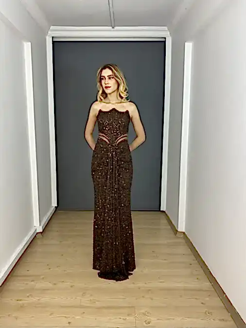 Kahverengi Straplez Bel Transparan Yırtmaçlı Payet Uzun Abiye Elbise