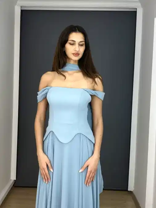 Mint Askılı Straplez Bel Korsajlı Üst Krep Alt Şifon Uzun Abiye Elbise