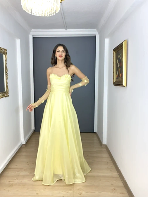 Kemik Straplez Organze Saten Yaka Çiçek Detaylı Nişanlık Abiye Elbise