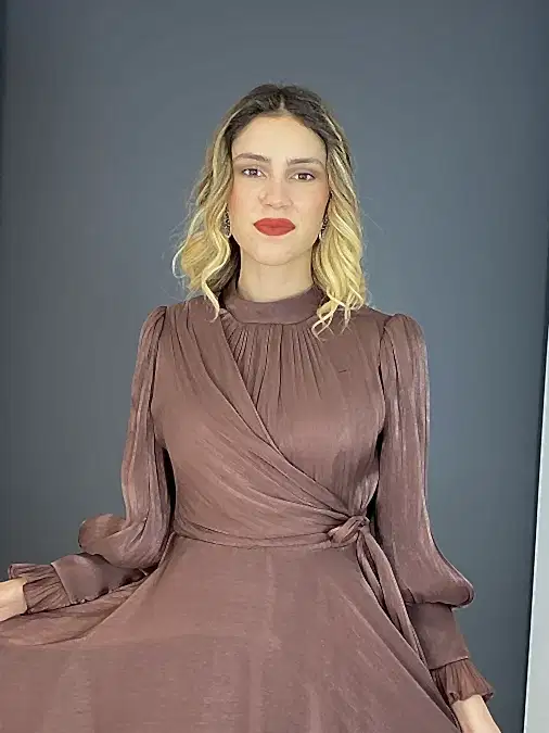 Kahverengi Tesettür A Kesim Ön Detaylı Uzun Abiye Elbise