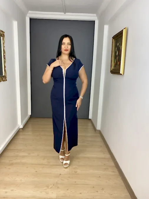 Beyaz Midi Düşük Kollu V Yaka Ön Taş Şeritli Abiye Elbise