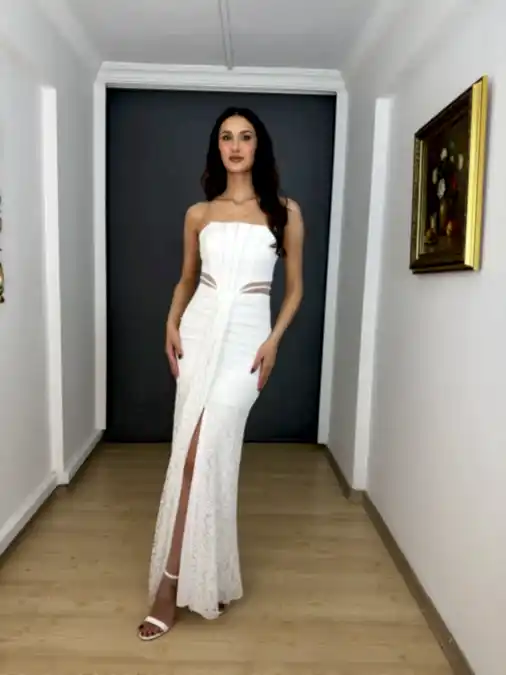 Beyaz Straplez Dantel Bel Transparan Yırtmaçlı Uzun Abiye Elbise