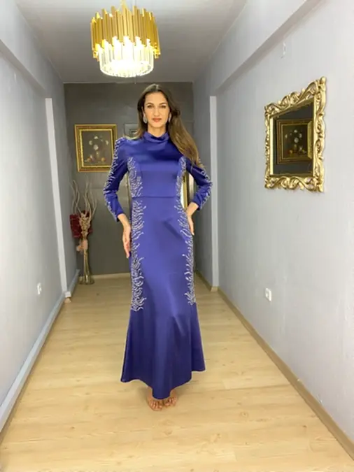 Sax Tesettür Saten Yan Ve Kollar Sim Detaylı Abiye Elbise
