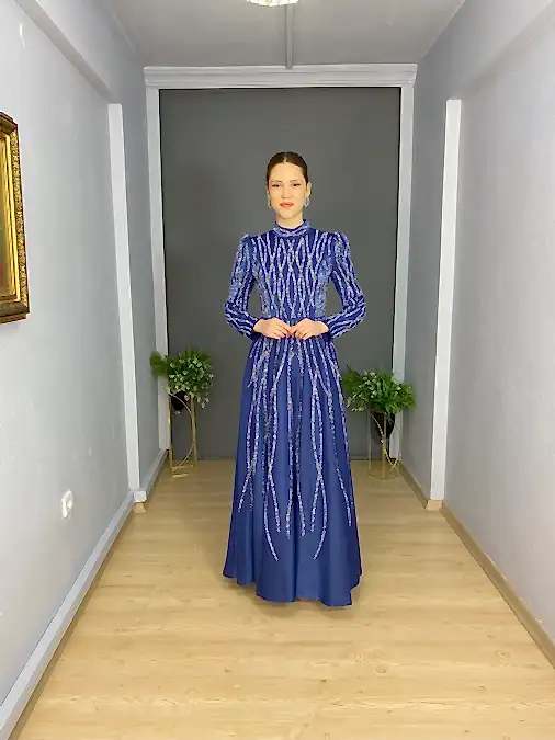 Sax Tesettür Sim Şerit Detaylı Saten Abiye Elbise