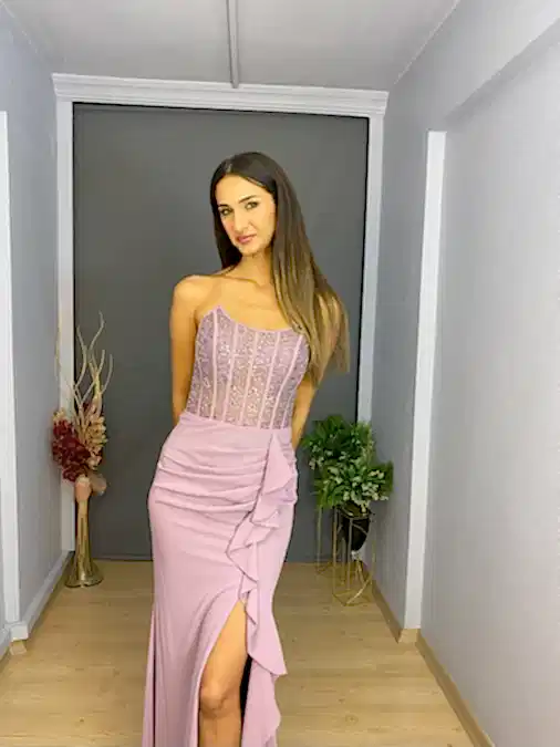 Lila Straplez Üst Transparan Ön Drape Yırtmaç Detaylı Uzun Abiye Elbise