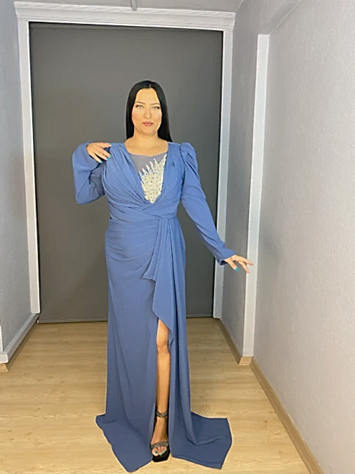 İndigo Büyük Beden Uzun Kollu Drape Taş Detaylı Uzun Abiye Elbise