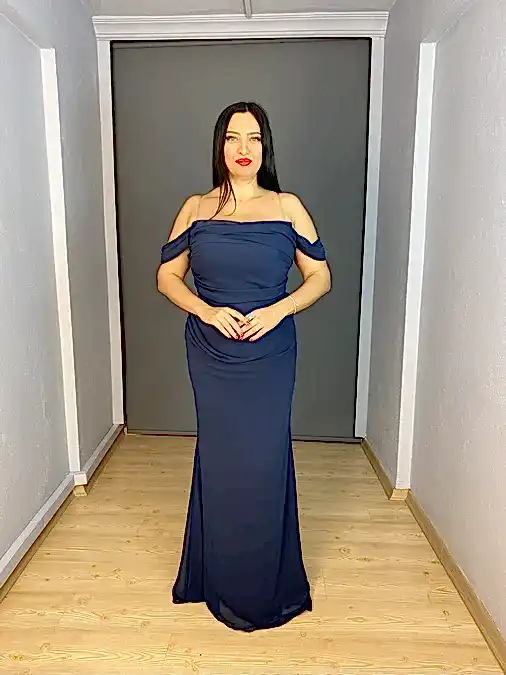 Lacivert Büyük Beden Kayık Yaka Şifon Uzun Abiye Elbise