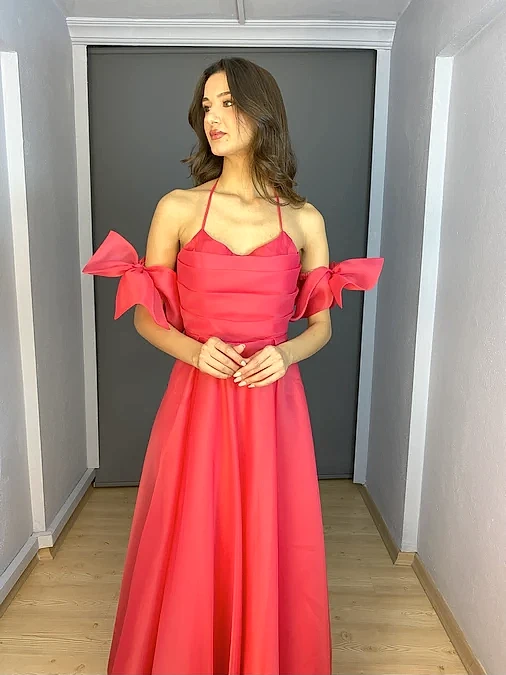 Fuşya Organze Ön Drape Boyundan Bağlamalı Kloş Uzun Abiye Elbise