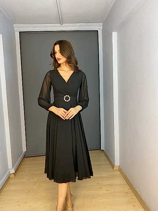 Siyah Şifon Uzun Kollu  V Yaka Midi Abiye Elbise
