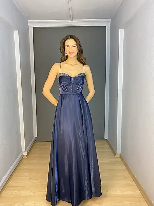Lacivert İp Askılı Göğüs Kristal Boncuk İşli Organze Saten Uzun Abiye Elbise