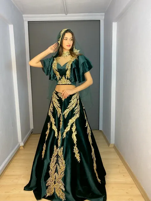Zümrüt Kadife hint İkili Bindallı Kaftan Kınalık
