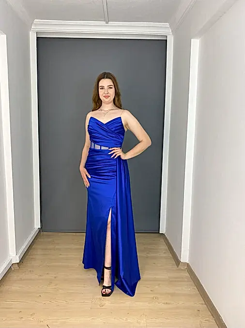 Sax Saten Straplez Bel Transparan Yırtmaçlı Uzun Abiye Elbise