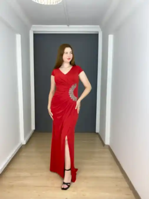 Kırmızı Büyük Beden V Yaka Yırtmaçlı Yan Taş Detaylı Uzun Abiye Elbise