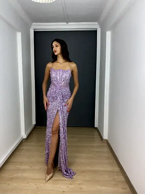 Lila Straplez Bel Transparan Yırtmaçlı Payet Uzun Abiye Elbise