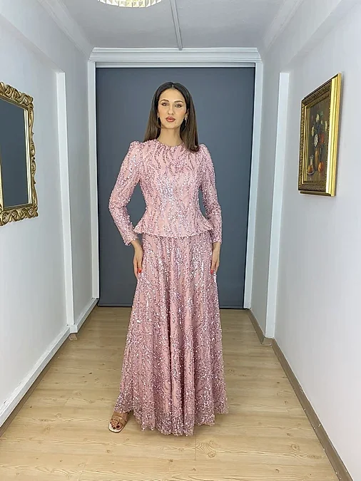 Pembe Tesettür Simli Korsajlı Uzun Abiye Elbise