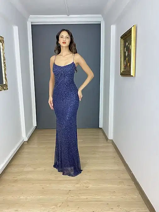 Lacivert Bel Transparan Boncuk Detaylı Balık Abiye Elbise