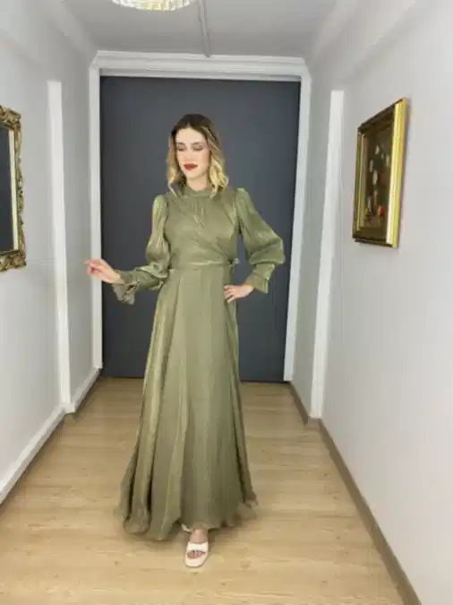Haki Tesettür A Kesim Ön Detaylı Uzun Abiye Elbise