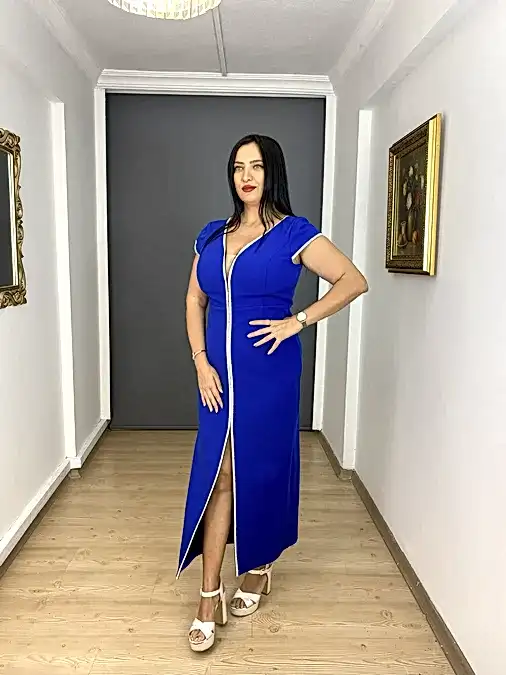 Beyaz Midi Düşük Kollu V Yaka Ön Taş Şeritli Abiye Elbise