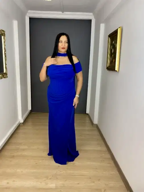 Sax Büyük Beden Kayık Yaka Ön Drapeli Uzun Abiye Elbise