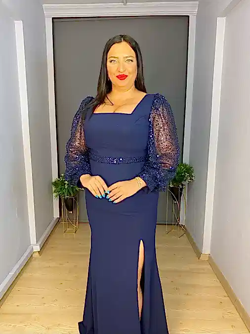 Lacivert Büyük Beden Kare Yaka Transparan Uzun Kollu Uzun Abiye