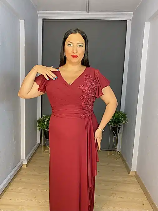 Büyük Beden Bordo Yan Detay  Motif İşli Şifon Uzun Abiye