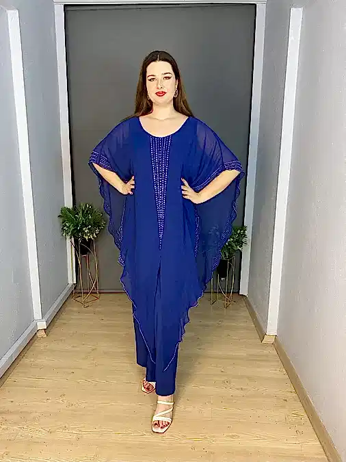 Sax  Büyük Beden  Yarasa Kol Taş Detaylı Üst Şifon iç Esnek Abiye Tulum