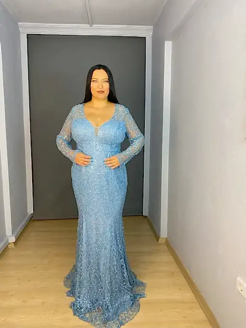 Bebe Mavisi Büyük Beden Uzun Kollu V Yaka Balık Abiye Elbise