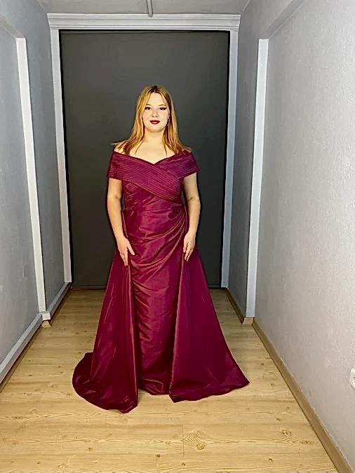Fuşya Büyük Beden Madonna Yaka Tafta Kumaş Uzun Abiye Elbise