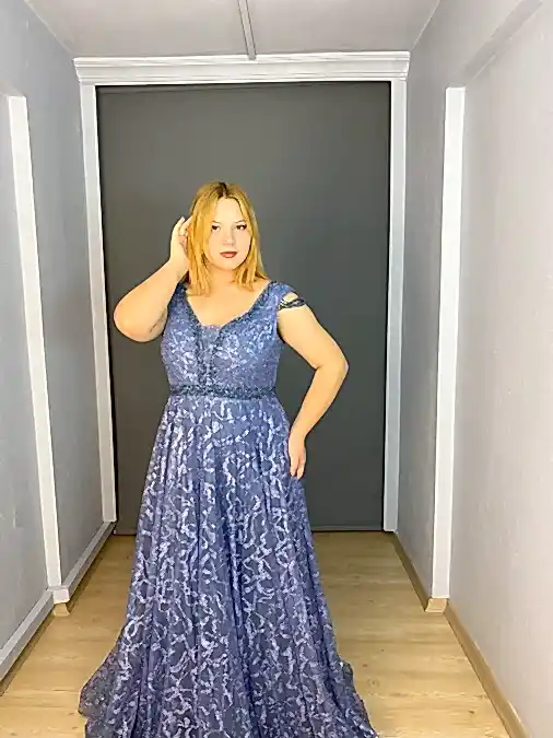 İndigo Büyük Beden Bel Yaka Boncuk İşli Arka İpli Abiye Elbise