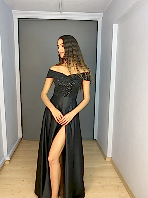Siyah Madonna Yaka Üst Pul Alt Saten Uzun Abiye Elbise