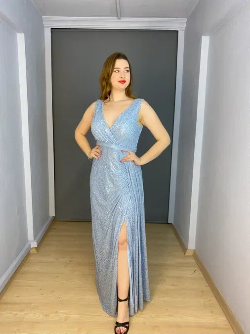 Mavi Payet V Yaka  Yırtmaçlı Büyük Beden Abiye Elbise