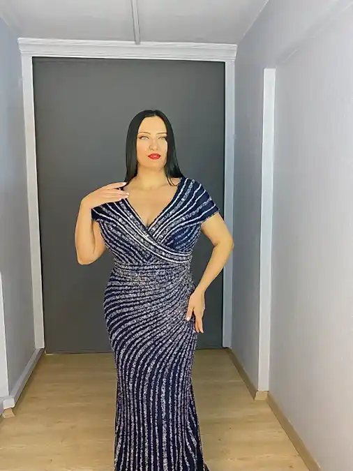 Lacivert Şal Yaka Büyük Beden V Yaka Balık Abiye Elbise