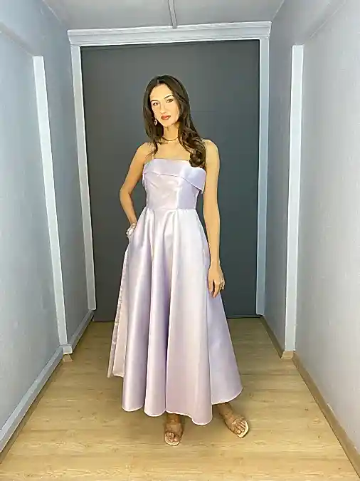 Lila Saten Midi Kloş İp Askılı Cep Detaylı Abiye Elbise