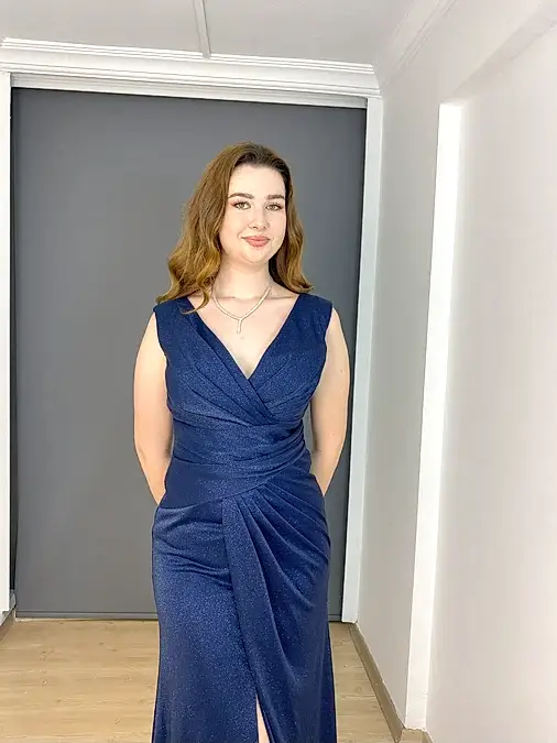 Lacivert Büyük Beden Kalın Askılı Simli Esnek Uzun Abiye Elbise