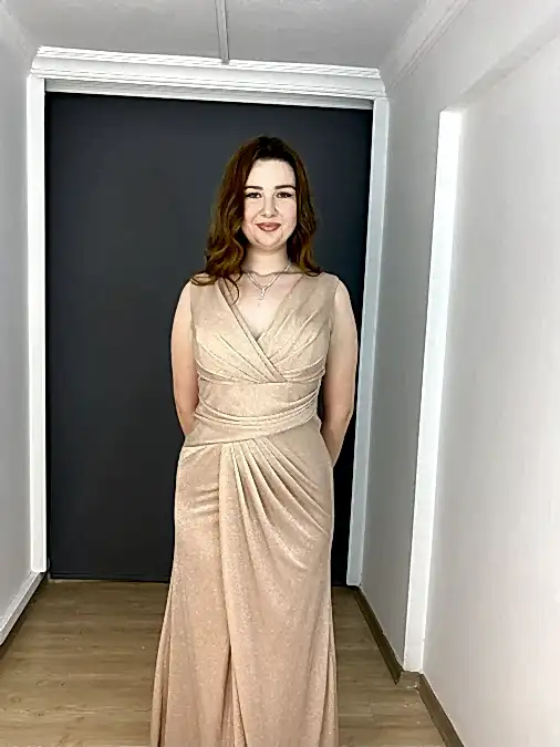 Gold Büyük Beden Kalın Askılı Simli Esnek Uzun Abiye Elbise