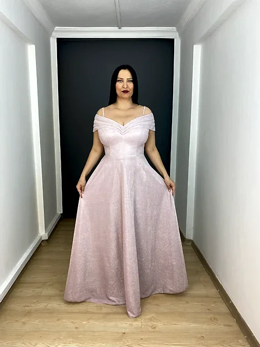 Pudra  Büyük Beden Madonna Yaka A Kesim Simli Uzun Abiye Elbise