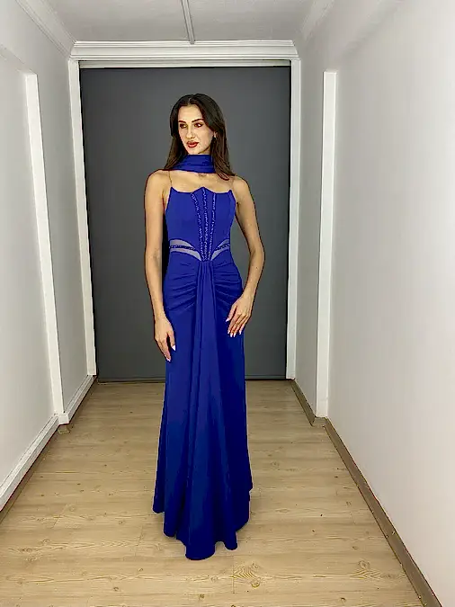 Sax Straplez Bel Transparan Yırtmaçlı Krep Uzun Abiye Elbise